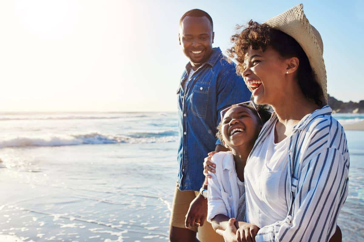 A family joyfully walking along a beach, showcasing the happiness and togetherness brought by a well-planned vacation.