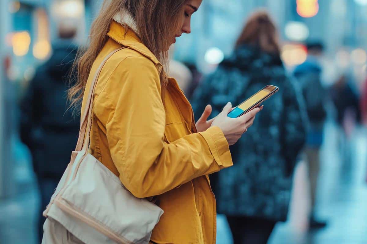 Woman looking at a phone while traveling